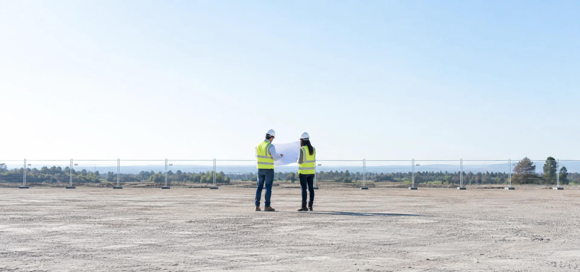 Piano di sicurezza e coordinamento a Roma: due tecnici con la planimetria sull'area di cantiere recintata